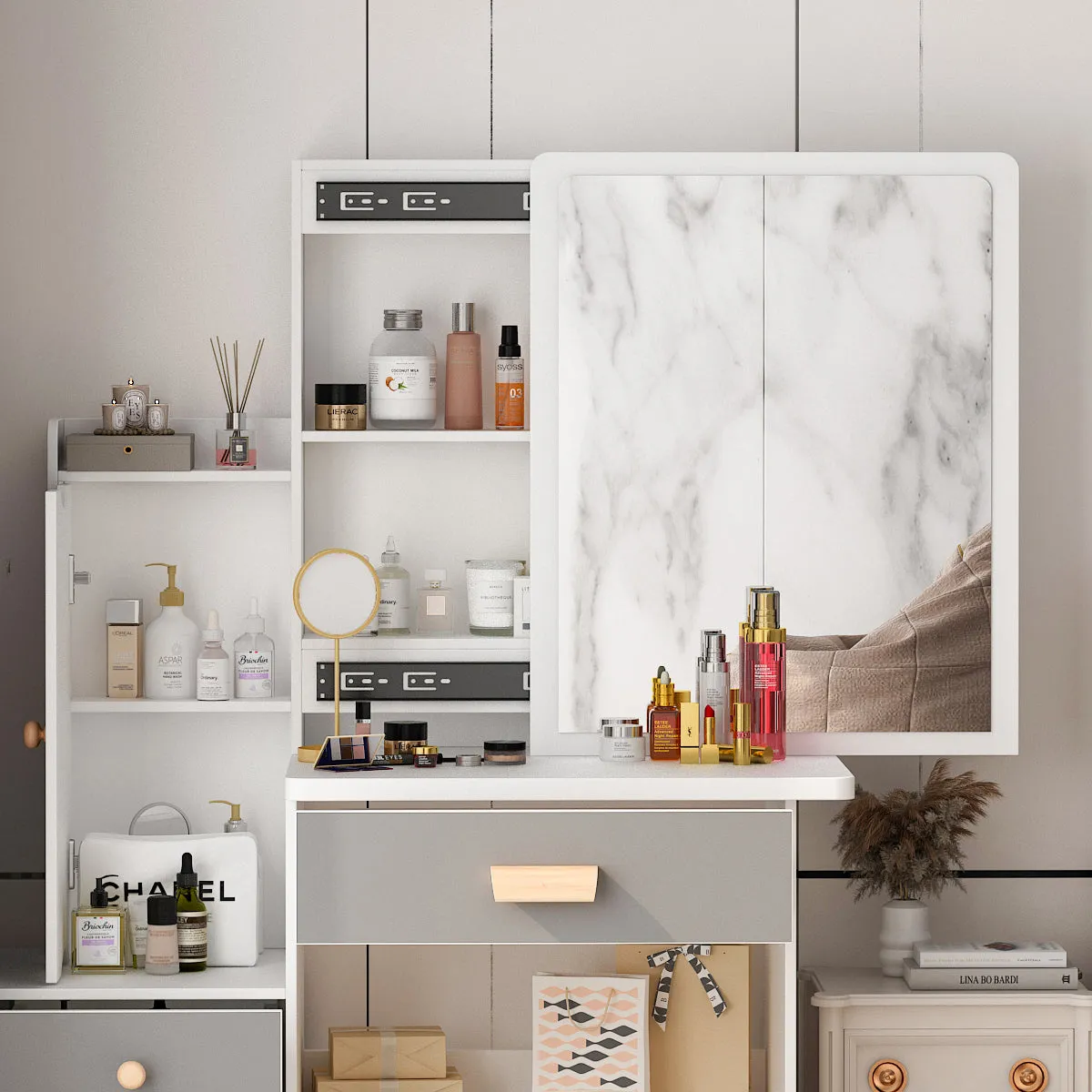 Vanity Set With Sliding Mirror, 4 Drawers, Shelves & Cushioned Stool