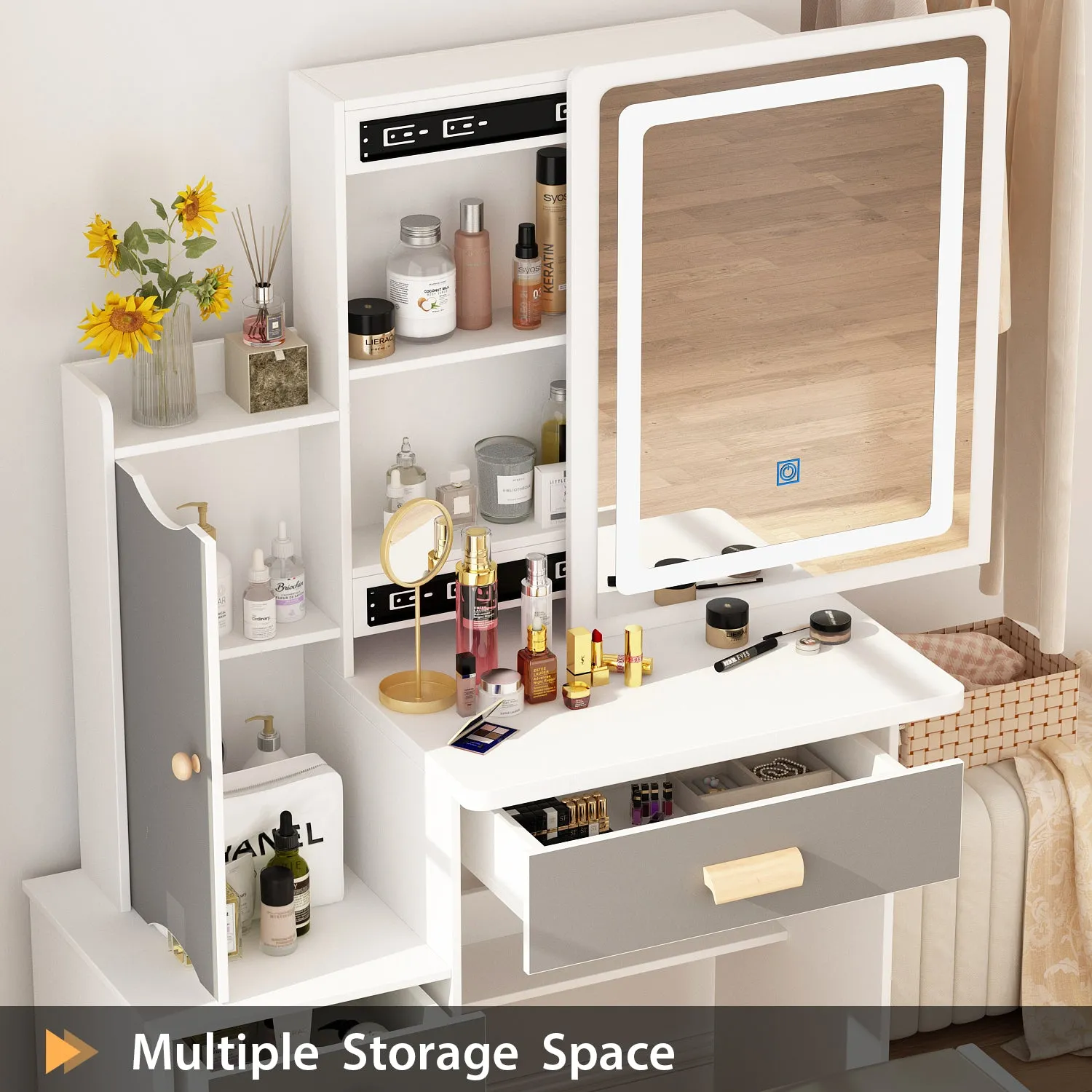 Vanity Set With Sliding Mirror, 4 Drawers, Shelves & Cushioned Stool