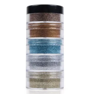 Vozwa 5 in 1 Tower Sparkle Loose Glitter Eyeshadow Set - Eye Makeup (Light Gold   Firozi   Gold   Silver   Dark Gold)