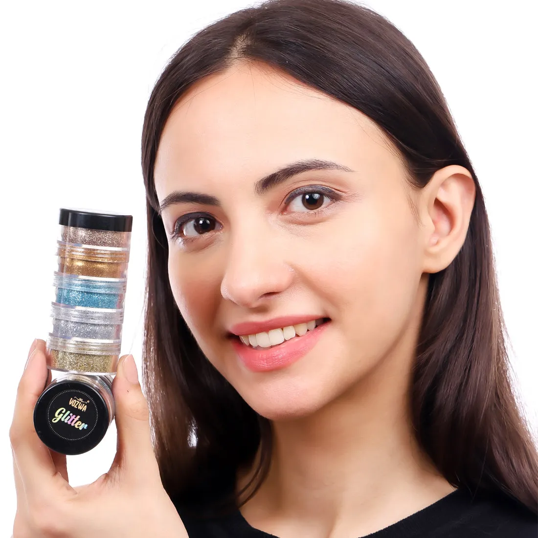 Vozwa 5 in 1 Tower Sparkle Loose Glitter Eyeshadow Set - Eye Makeup (Light Gold   Firozi   Gold   Silver   Dark Gold)