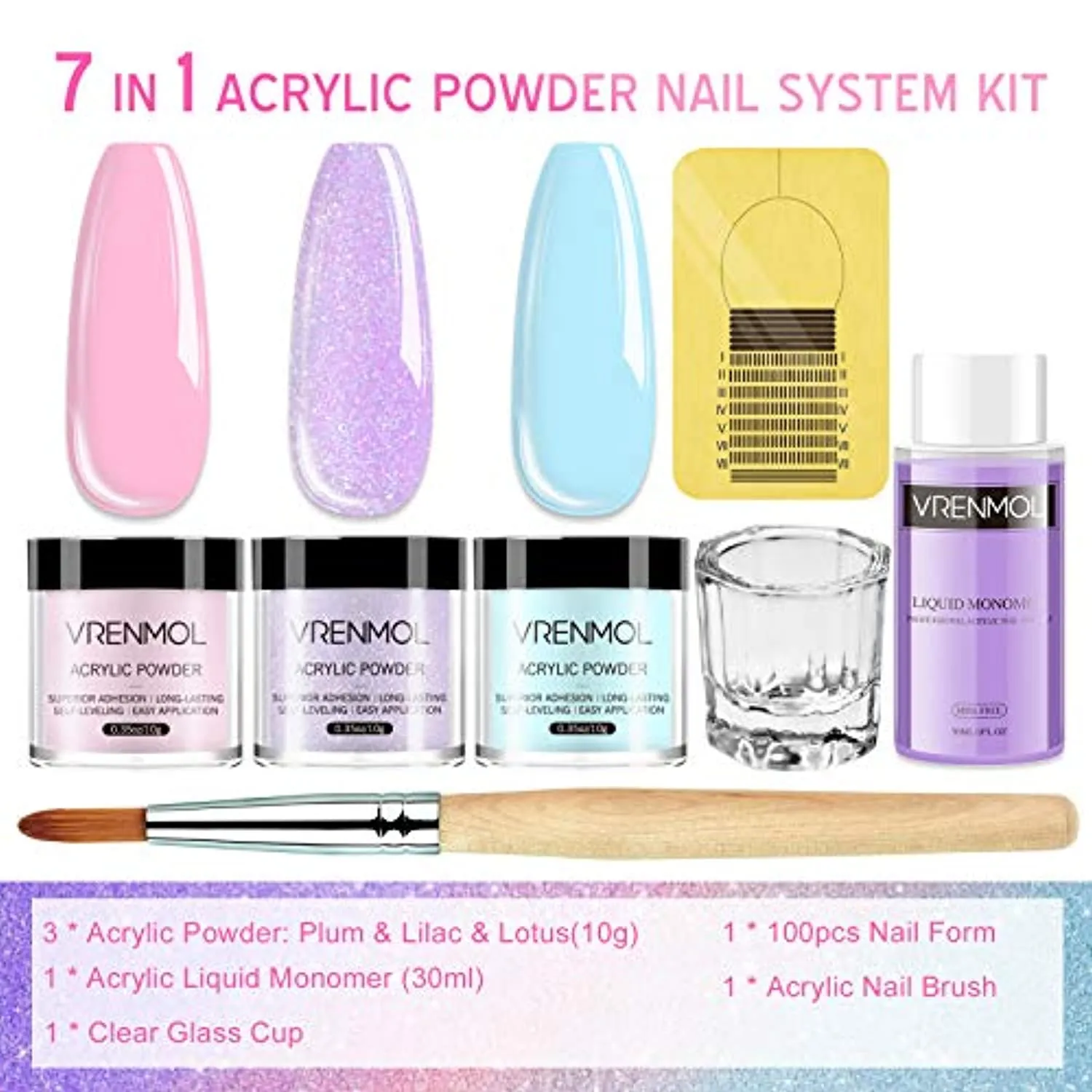 Vrenmol Acrylic Powder and Liquid Set, Acrylic Nail Kit with 3 Color Acrylic Nail Powder Professional Liquid Monomer Polymer, Acrylic Brush Nail Form for Nail Extension