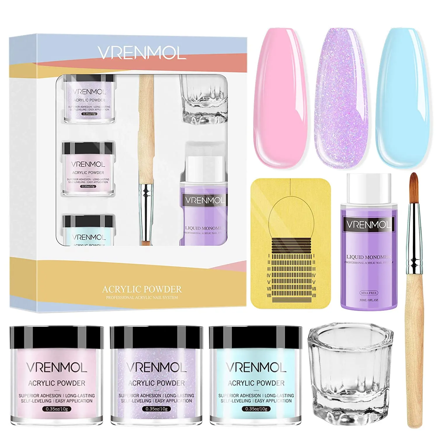 Vrenmol Acrylic Powder and Liquid Set, Acrylic Nail Kit with 3 Color Acrylic Nail Powder Professional Liquid Monomer Polymer, Acrylic Brush Nail Form for Nail Extension