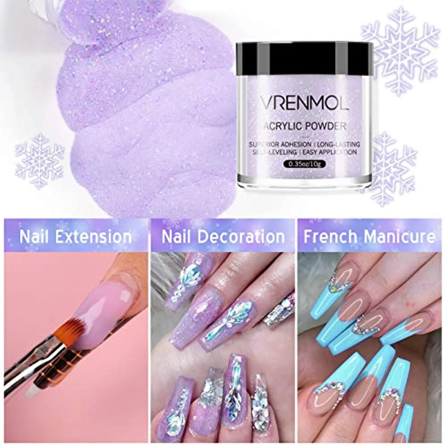 Vrenmol Acrylic Powder and Liquid Set, Acrylic Nail Kit with 3 Color Acrylic Nail Powder Professional Liquid Monomer Polymer, Acrylic Brush Nail Form for Nail Extension