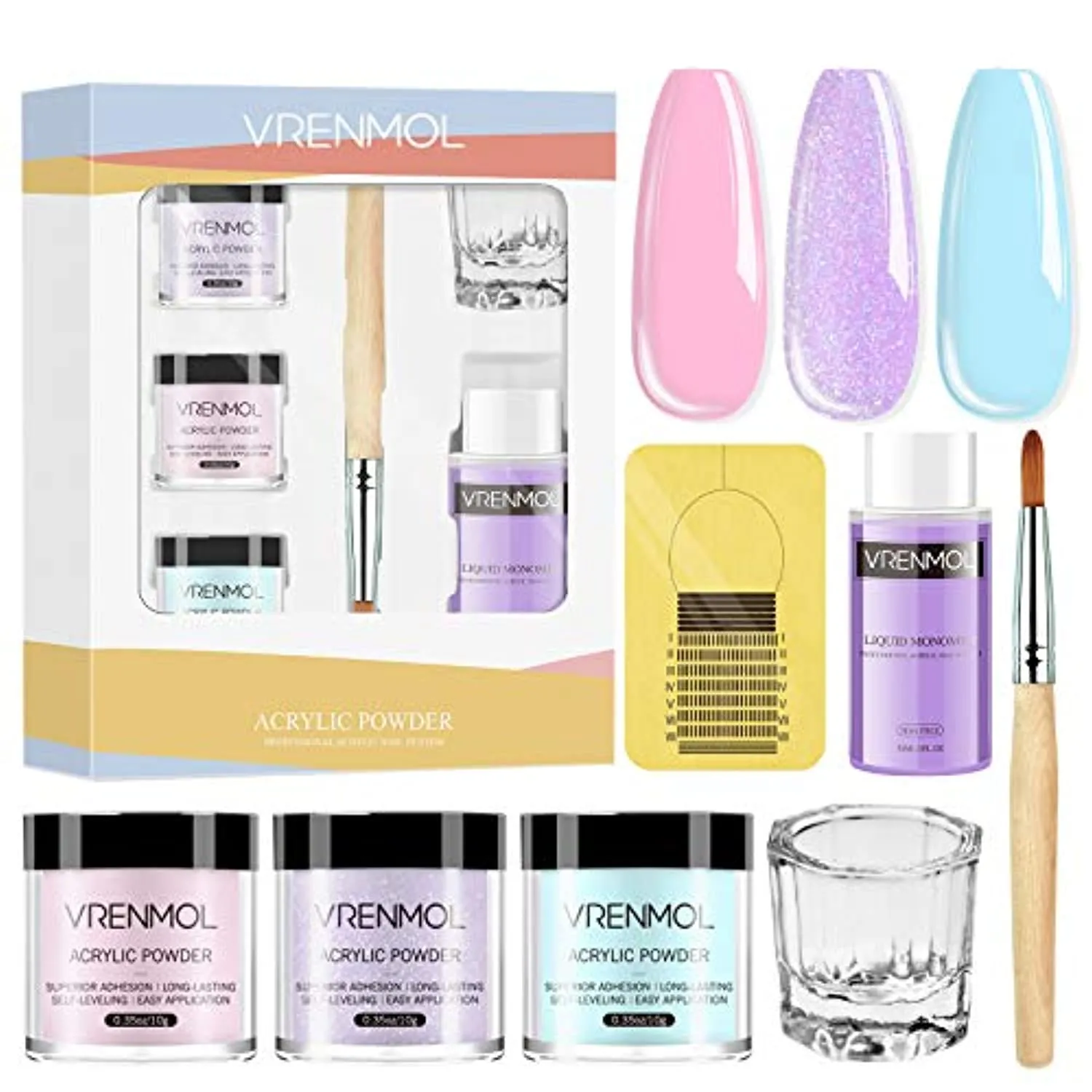 Vrenmol Acrylic Powder and Liquid Set, Acrylic Nail Kit with 3 Color Acrylic Nail Powder Professional Liquid Monomer Polymer, Acrylic Brush Nail Form for Nail Extension