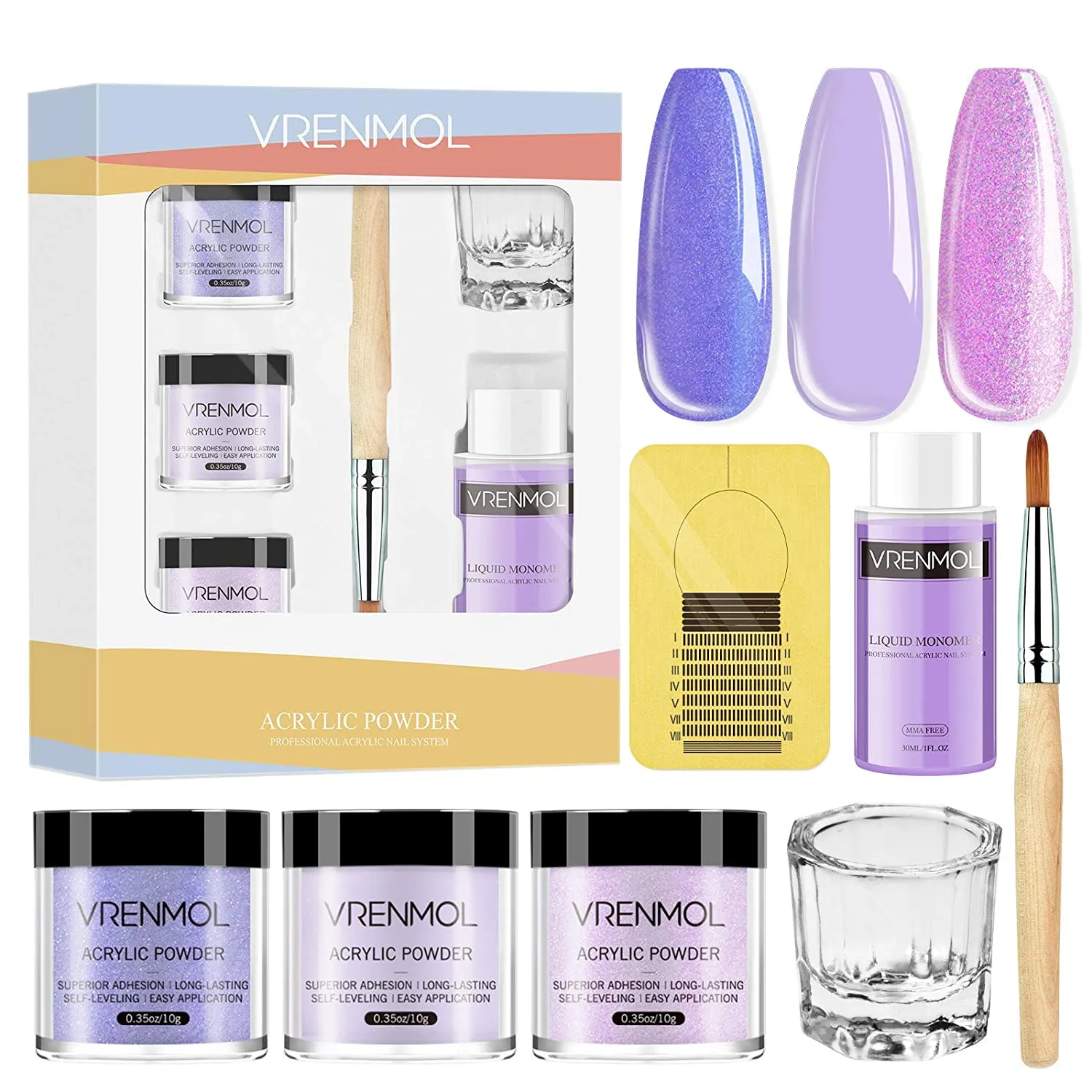 Vrenmol Acrylic Powder and Liquid Set, Acrylic Nail Kit with 3 Color Acrylic Nail Powder Professional Liquid Monomer Polymer, Acrylic Brush Nail Form for Nail Extension