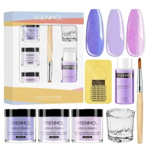 Vrenmol Acrylic Powder and Liquid Set, Acrylic Nail Kit with 3 Color Acrylic Nail Powder Professional Liquid Monomer Polymer, Acrylic Brush Nail Form for Nail Extension