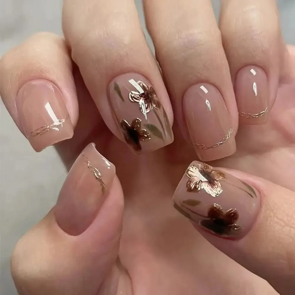 Wjczt 24pcs Short Round False Nails French Ballet Nail Little Bear Leaf Gold Slices Full Cover Detachable Press on Nail Tips