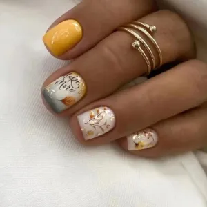 Wjczt 24pcs Short Round False Nails French Ballet Nail Little Bear Leaf Gold Slices Full Cover Detachable Press on Nail Tips