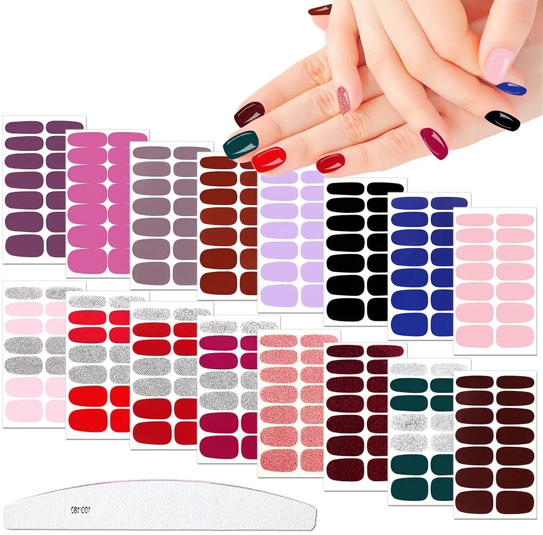 XEAOHESY 16 Sheets Matte Color Nail Polish Strips Stickers with Nail File Self-Adhesive Colorful Gel Nail Strips Full Nail Wraps for Women Nails Art