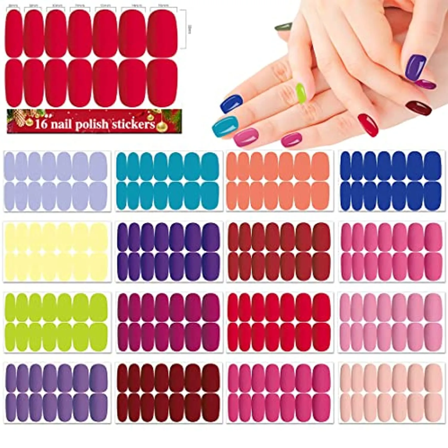 XEAOHESY 16 Sheets Matte Color Nail Polish Strips Stickers with Nail File Self-Adhesive Colorful Gel Nail Strips Full Nail Wraps for Women Nails Art
