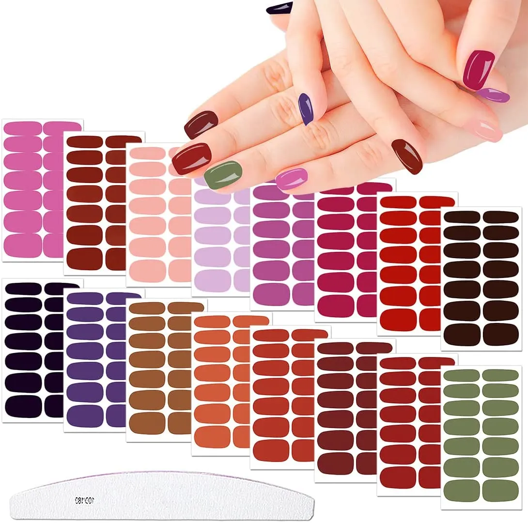 XEAOHESY 16 Sheets Matte Color Nail Polish Strips Stickers with Nail File Self-Adhesive Colorful Gel Nail Strips Full Nail Wraps for Women Nails Art
